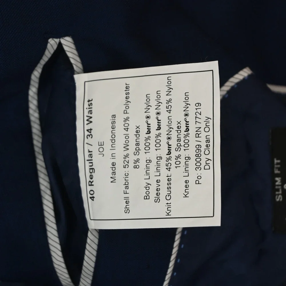 Joseph Abboud 40R 33x30 Blue Brrr Stretch Wool Slim Soft Shoulder Mens Suit